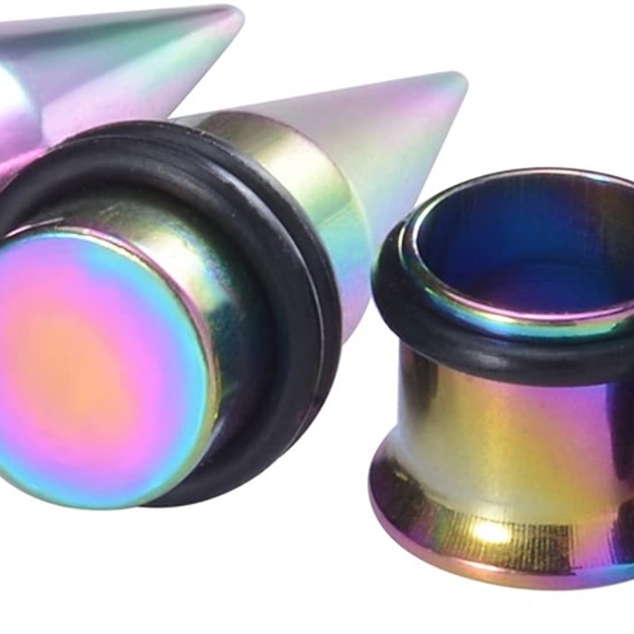 NEW Gauge Earrings Rainbow Steel 2 Tapers 2 Plugs - Picture 4 of 6